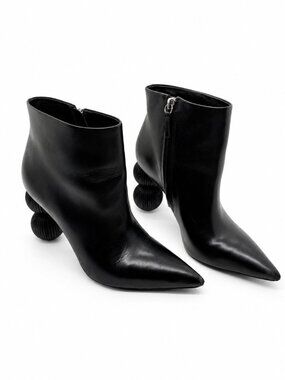 Cult Gaia Black Leather Cam Boots Booties Bauble Sculptural 3.5" Heel 37.5 | 7.5